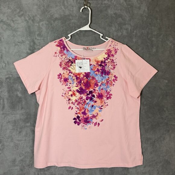 Quacker Factory Size 1X Pink Rhinestone Floral Short Sleeve Plus T-shirt Spring - Picture 1 of 9